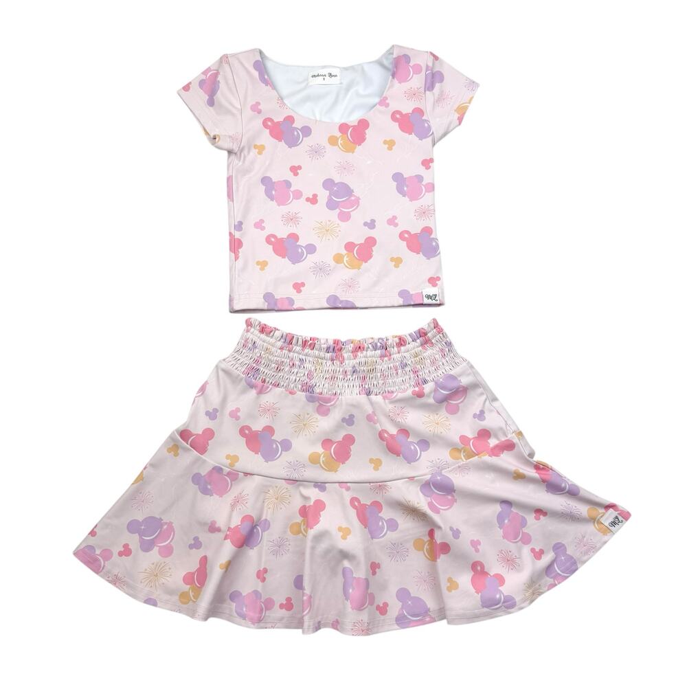 Makena Lane Disney Inspired Mickey Balloons Pastel & Skirt Athletic Set, Size 8